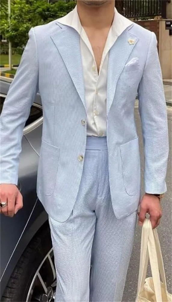 Seersucker Striped Men Suits Summer Blazer Pants Tuxedo 2Pcs Mens Wedding Grooms