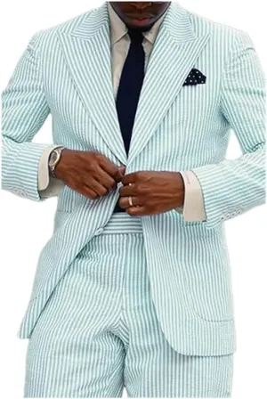 Seersucker Striped Men Suits Summer Blazer Pants Tuxedo 2Pcs Mens Wedding Grooms