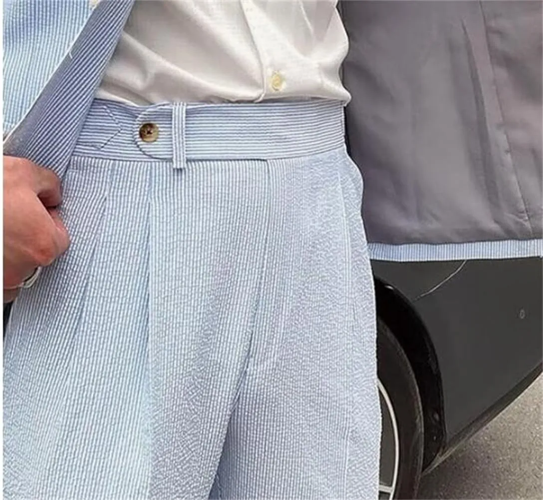Seersucker Striped Men Suits Summer Blazer Pants Tuxedo 2Pcs Mens Wedding Grooms