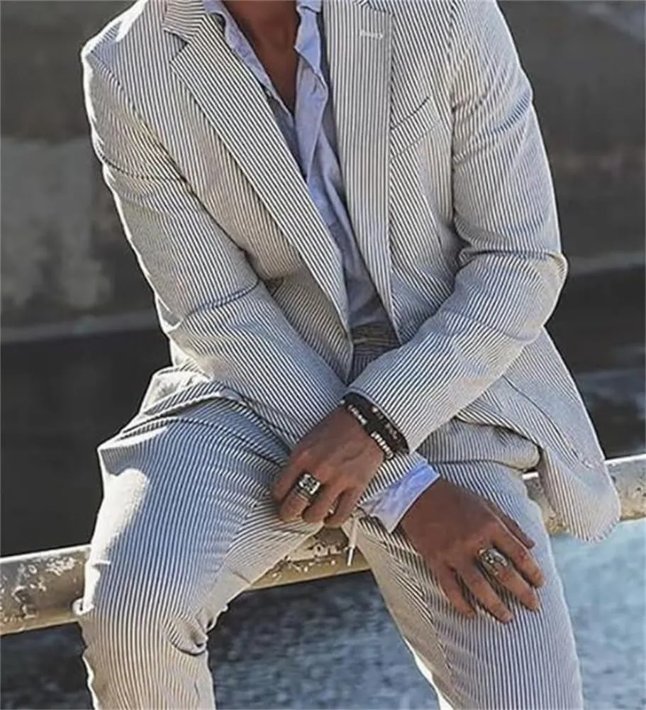 Seersucker Striped Men Suits Summer Blazer Pants Tuxedo 2Pcs Mens Wedding Grooms