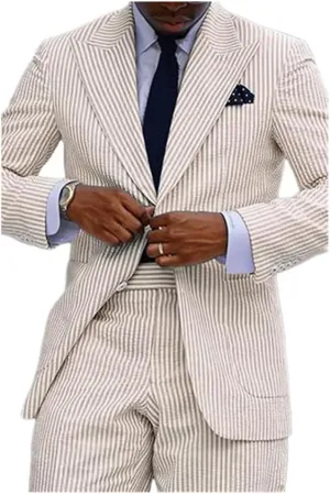 Seersucker Striped Men Suits Summer Blazer Pants Tuxedo 2Pcs Mens Wedding Grooms