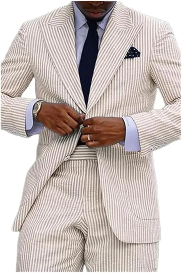Seersucker Striped Men Suits Summer Blazer Pants Tuxedo 2Pcs Mens Wedding Grooms