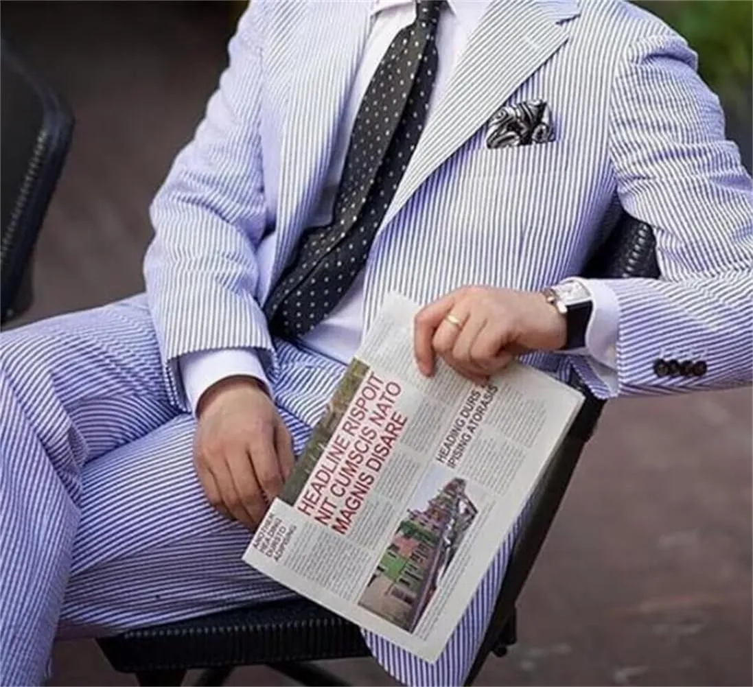 Seersucker Striped Men Suits Summer Blazer Pants Tuxedo 2Pcs Mens Wedding Grooms