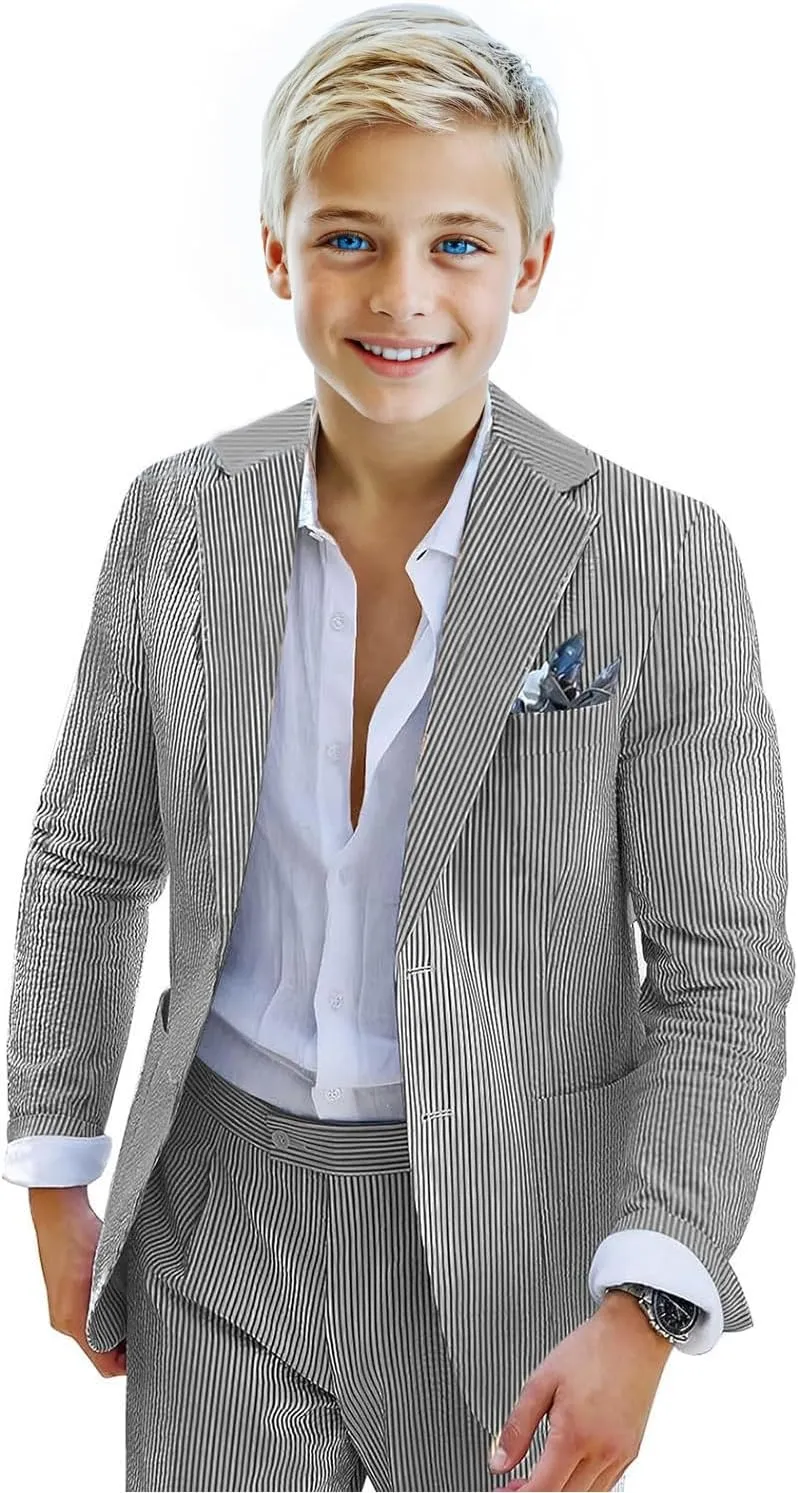 Seersucker Suit for Boys 2 Piece Tuxedo for Boys Striped Blazer Pants Boys Summer Beach Wedding Suit
