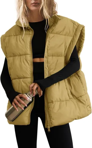 SENSERISE Womens Oversized Puffer Vest Quilted Jacket Bubble Vest Puffy Coats Zip Up Outerwear with Pockets Padded Gilet