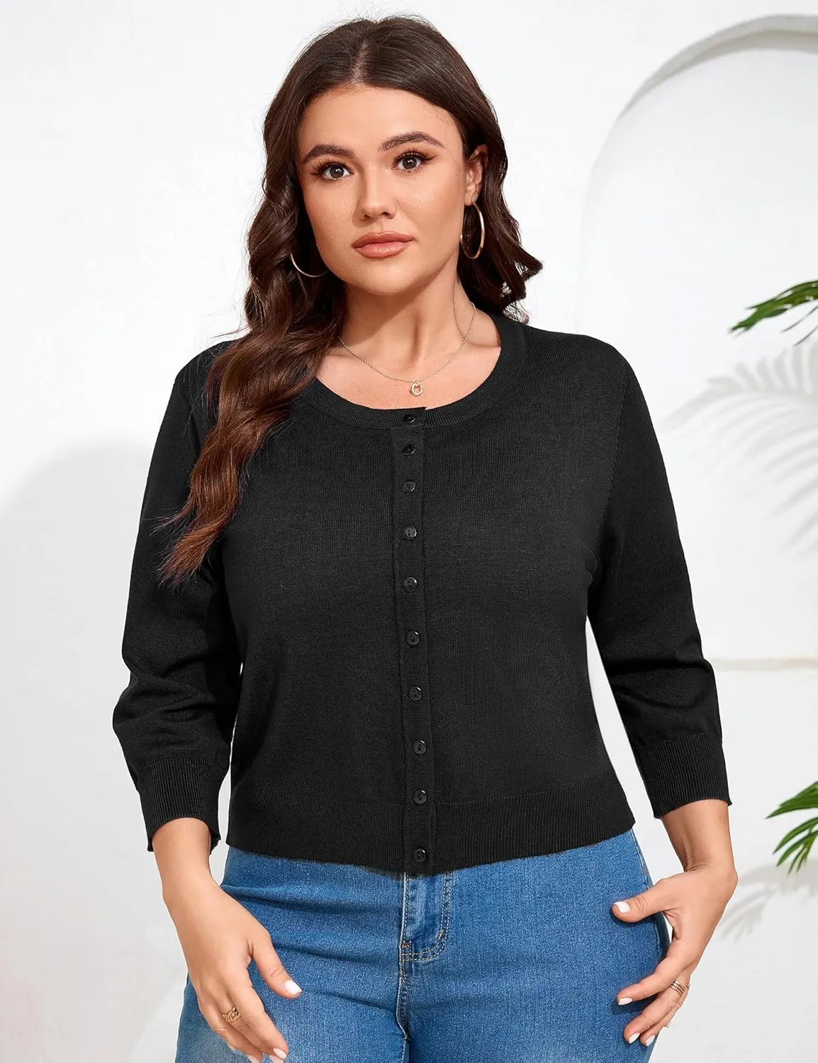 ShopWonder Women Plus Size Cardigan 3/4 Sleeve Crew Neck Bolero Button Down Sweaters Open Front Knit Bolero Shrugs