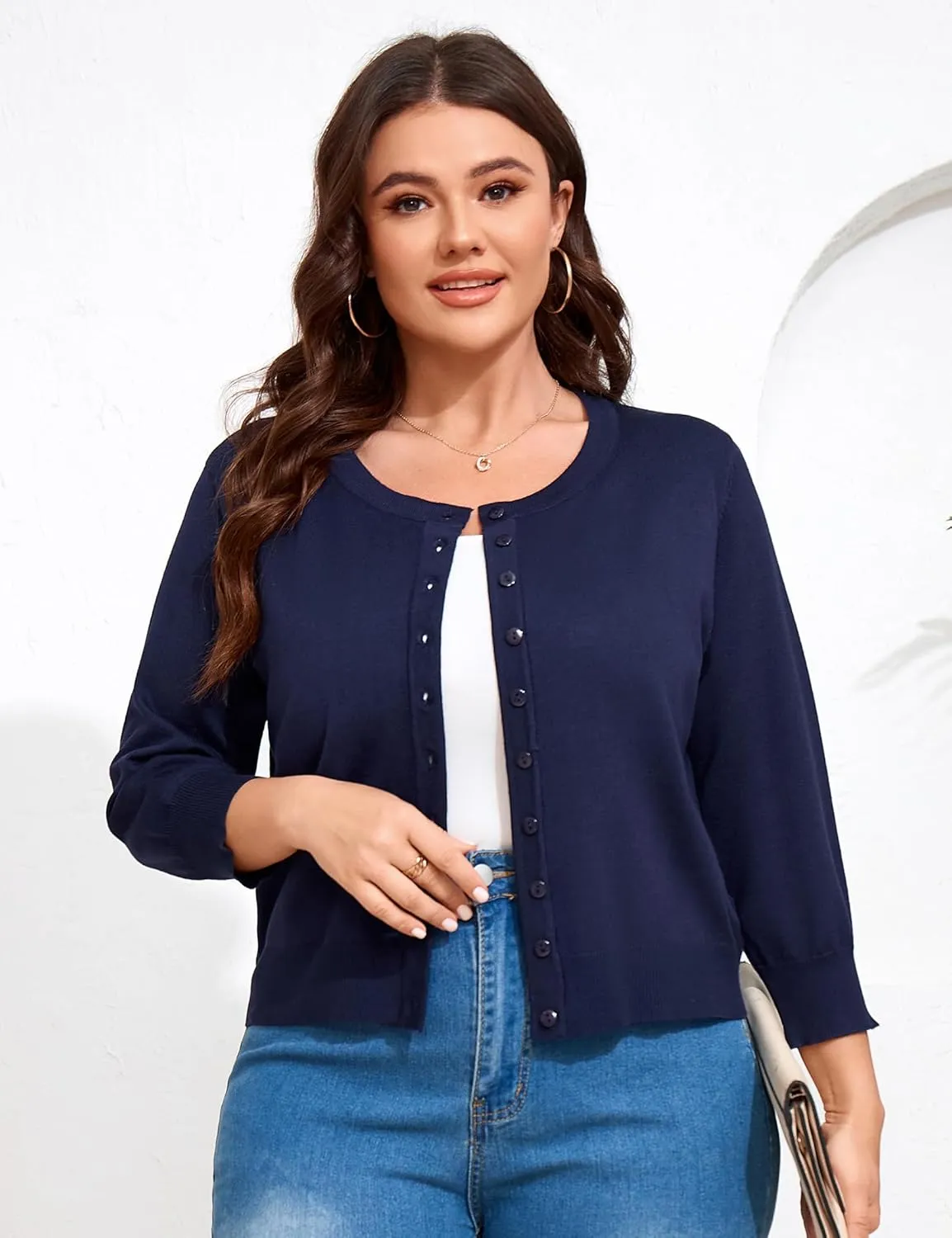 ShopWonder Women Plus Size Cardigan 3/4 Sleeve Crew Neck Bolero Button Down Sweaters Open Front Knit Bolero Shrugs