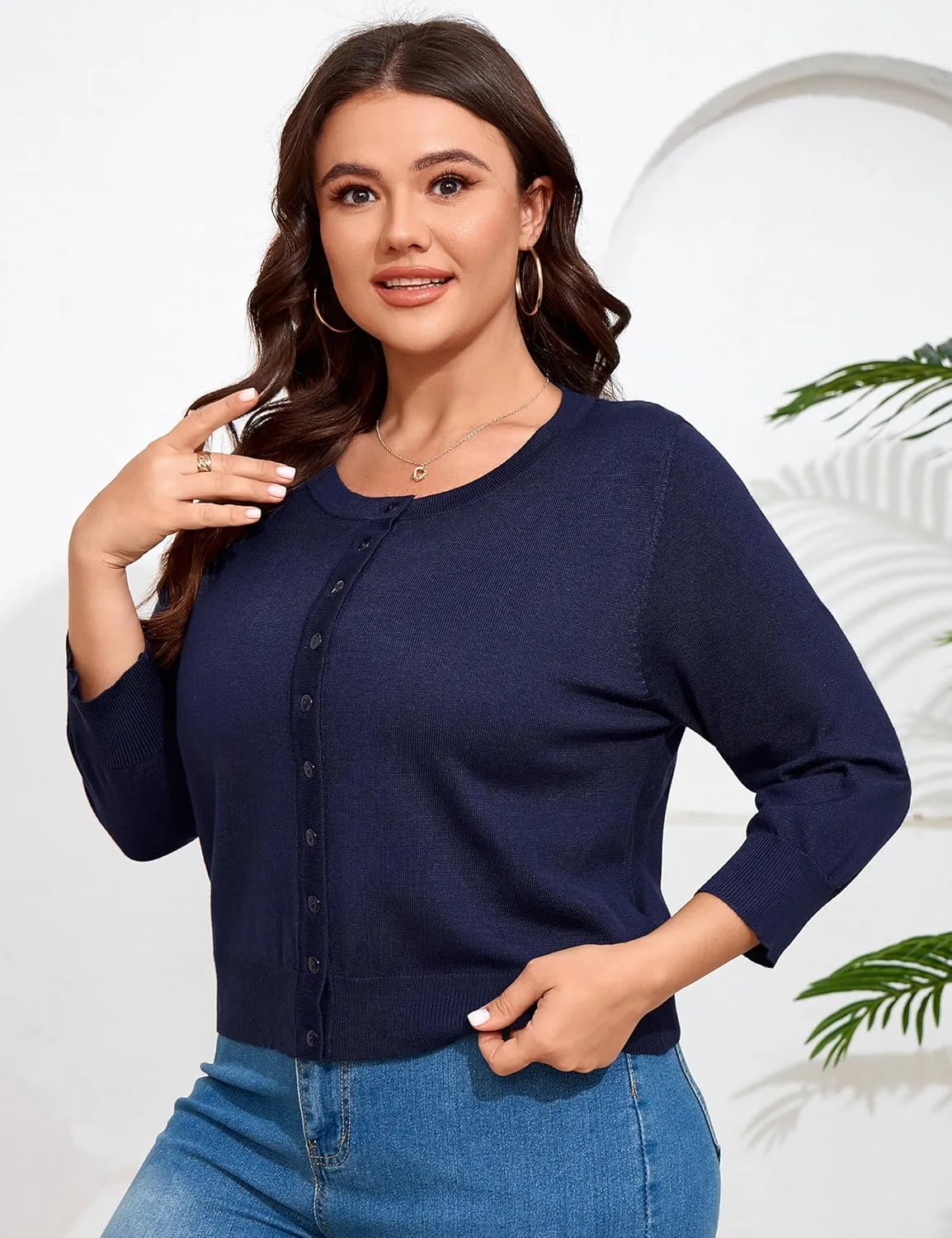 ShopWonder Women Plus Size Cardigan 3/4 Sleeve Crew Neck Bolero Button Down Sweaters Open Front Knit Bolero Shrugs