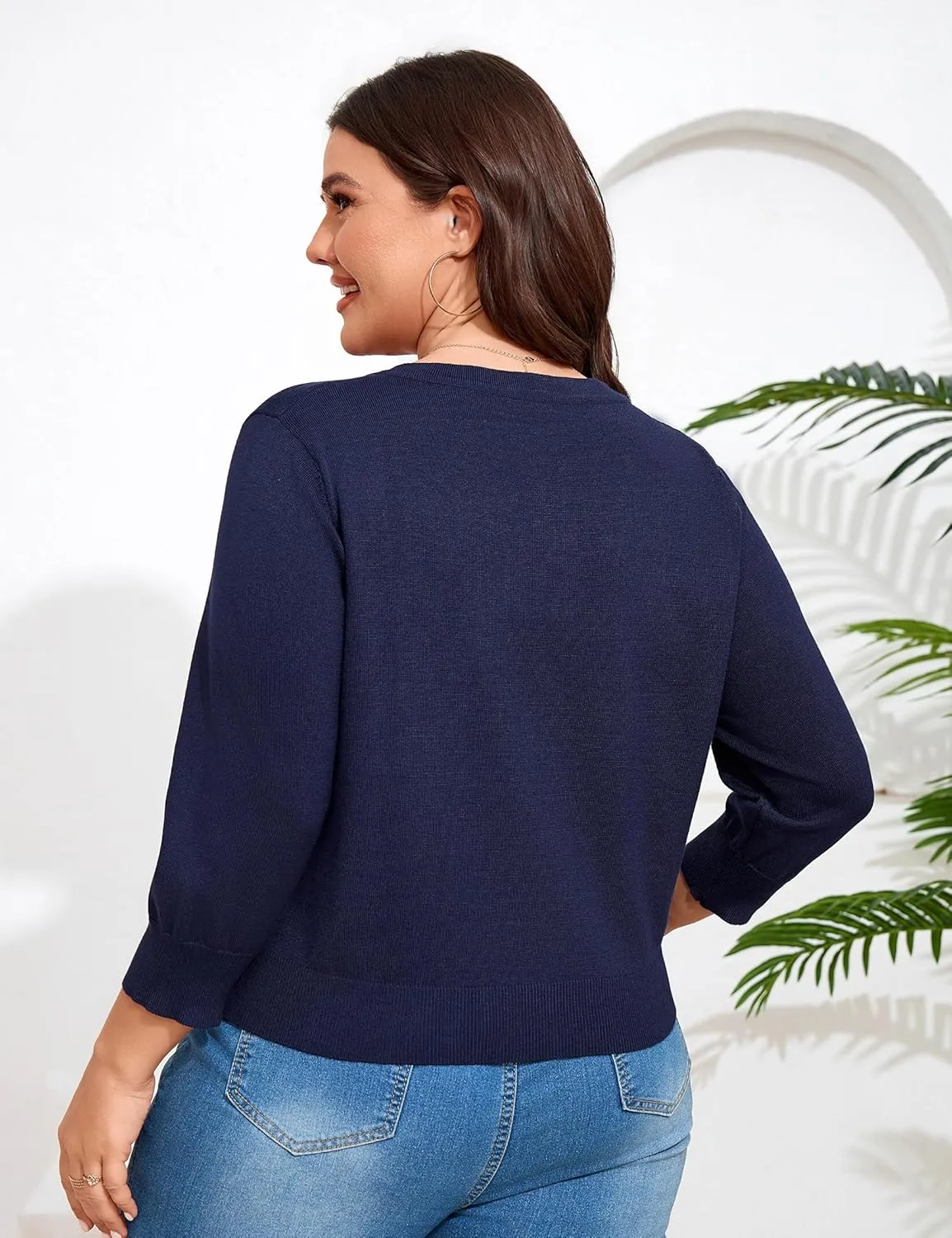 ShopWonder Women Plus Size Cardigan 3/4 Sleeve Crew Neck Bolero Button Down Sweaters Open Front Knit Bolero Shrugs