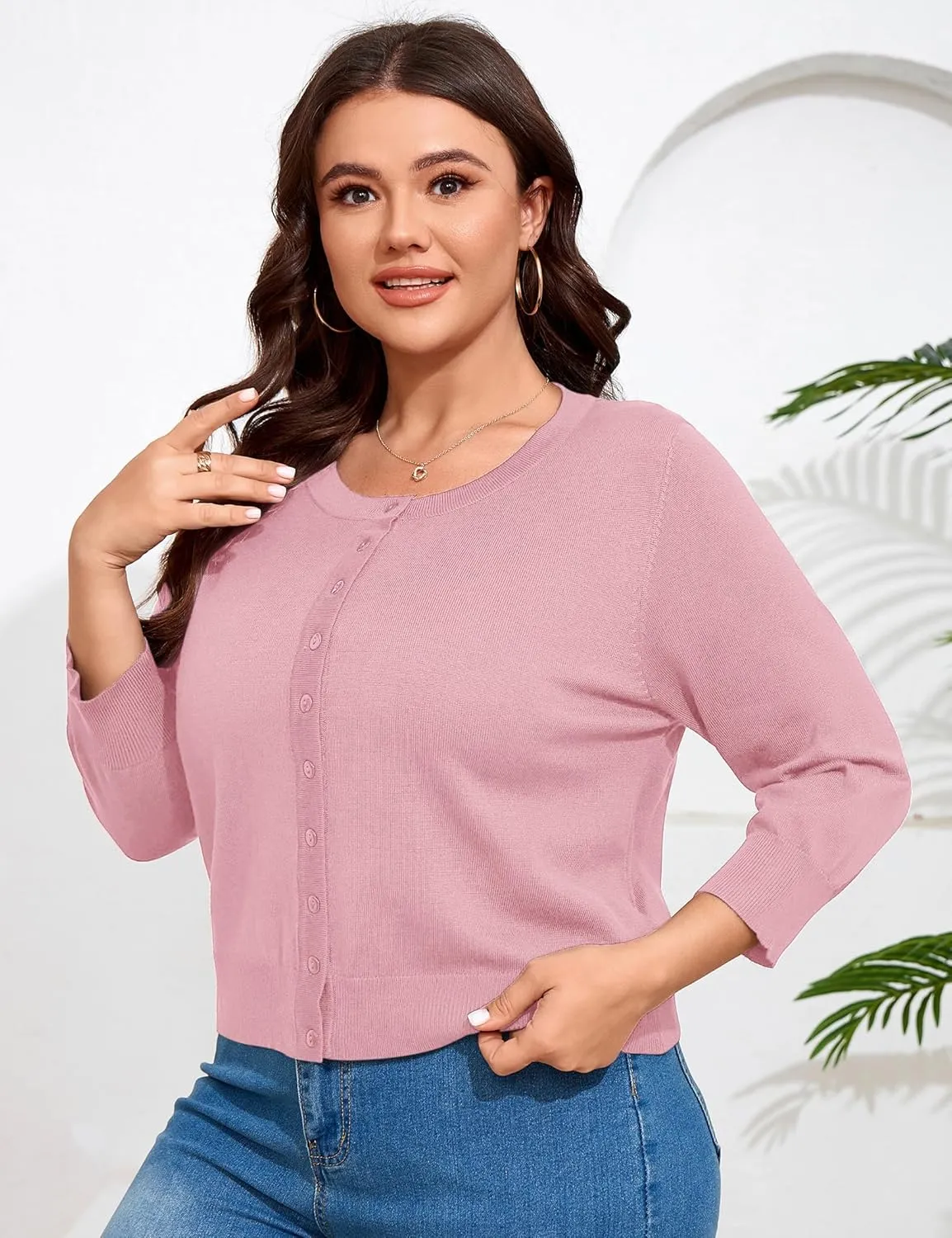 ShopWonder Women Plus Size Cardigan 3/4 Sleeve Crew Neck Bolero Button Down Sweaters Open Front Knit Bolero Shrugs