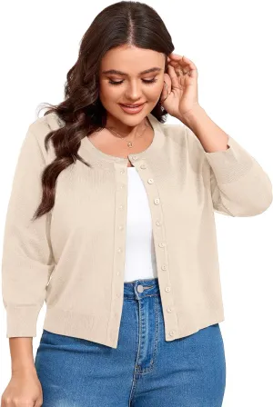 ShopWonder Women Plus Size Cardigan 3/4 Sleeve Crew Neck Bolero Button Down Sweaters Open Front Knit Bolero Shrugs
