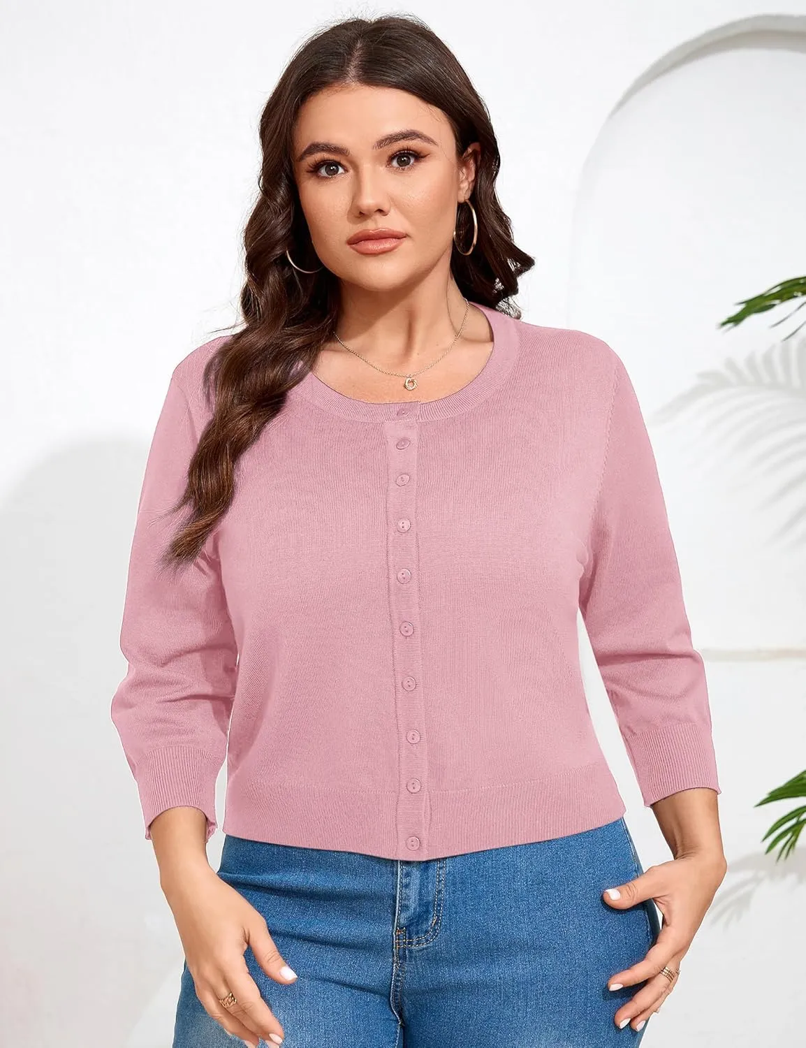 ShopWonder Women Plus Size Cardigan 3/4 Sleeve Crew Neck Bolero Button Down Sweaters Open Front Knit Bolero Shrugs