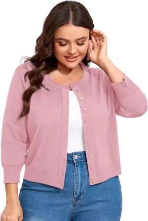 ShopWonder Women Plus Size Cardigan 3/4 Sleeve Crew Neck Bolero Button Down Sweaters Open Front Knit Bolero Shrugs