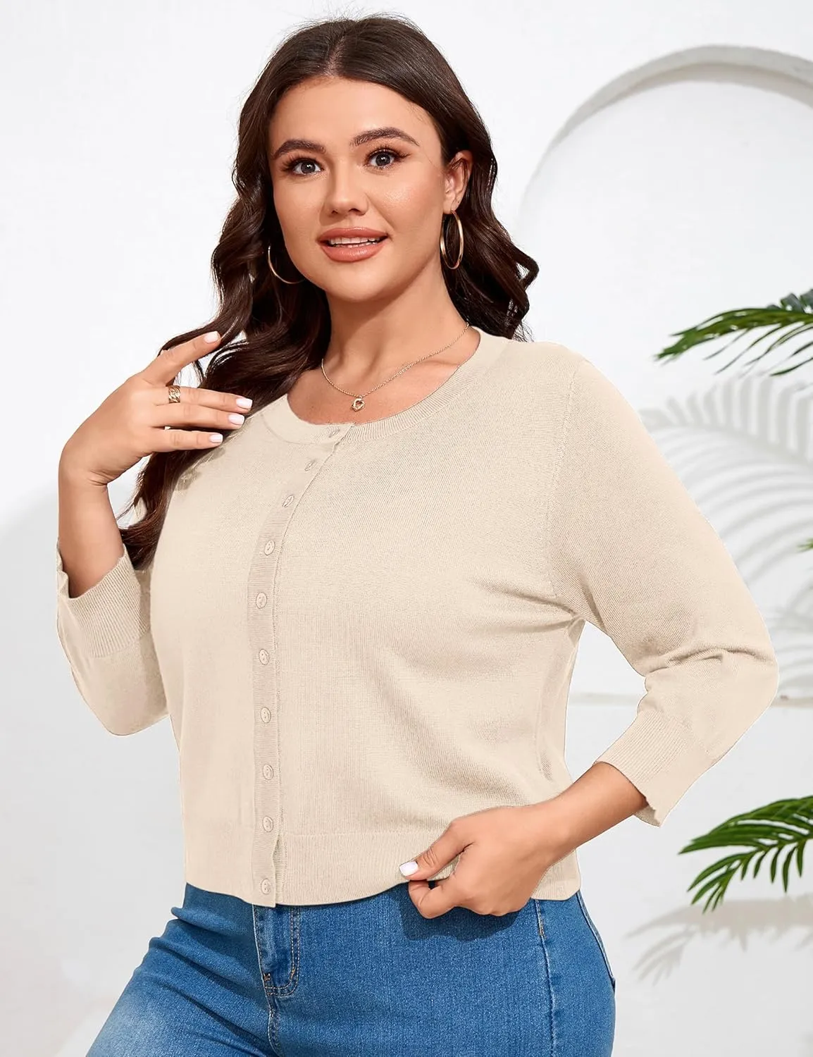 ShopWonder Women Plus Size Cardigan 3/4 Sleeve Crew Neck Bolero Button Down Sweaters Open Front Knit Bolero Shrugs