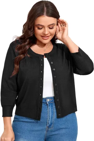 ShopWonder Women Plus Size Cardigan 3/4 Sleeve Crew Neck Bolero Button Down Sweaters Open Front Knit Bolero Shrugs