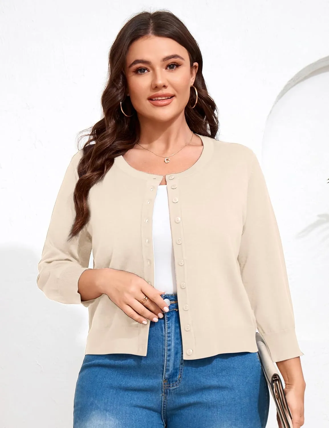 ShopWonder Women Plus Size Cardigan 3/4 Sleeve Crew Neck Bolero Button Down Sweaters Open Front Knit Bolero Shrugs