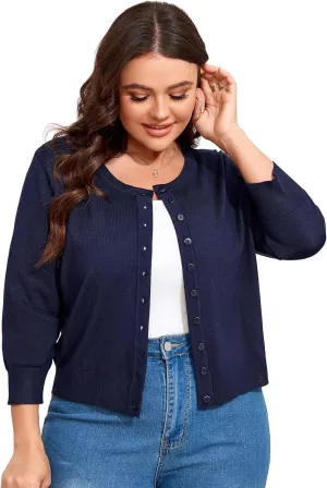 ShopWonder Women Plus Size Cardigan 3/4 Sleeve Crew Neck Bolero Button Down Sweaters Open Front Knit Bolero Shrugs