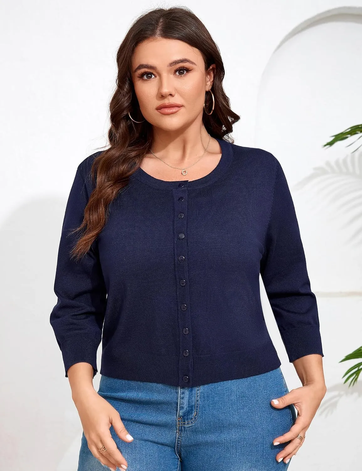 ShopWonder Women Plus Size Cardigan 3/4 Sleeve Crew Neck Bolero Button Down Sweaters Open Front Knit Bolero Shrugs