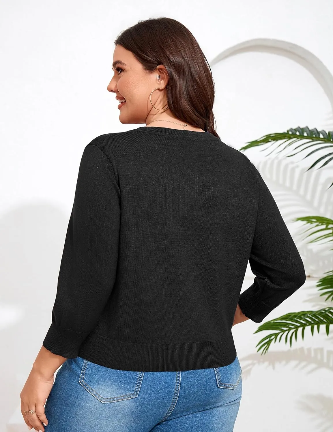 ShopWonder Women Plus Size Cardigan 3/4 Sleeve Crew Neck Bolero Button Down Sweaters Open Front Knit Bolero Shrugs