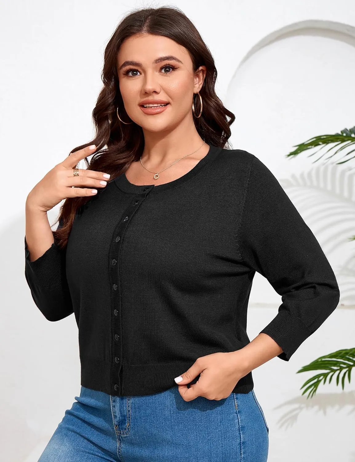 ShopWonder Women Plus Size Cardigan 3/4 Sleeve Crew Neck Bolero Button Down Sweaters Open Front Knit Bolero Shrugs