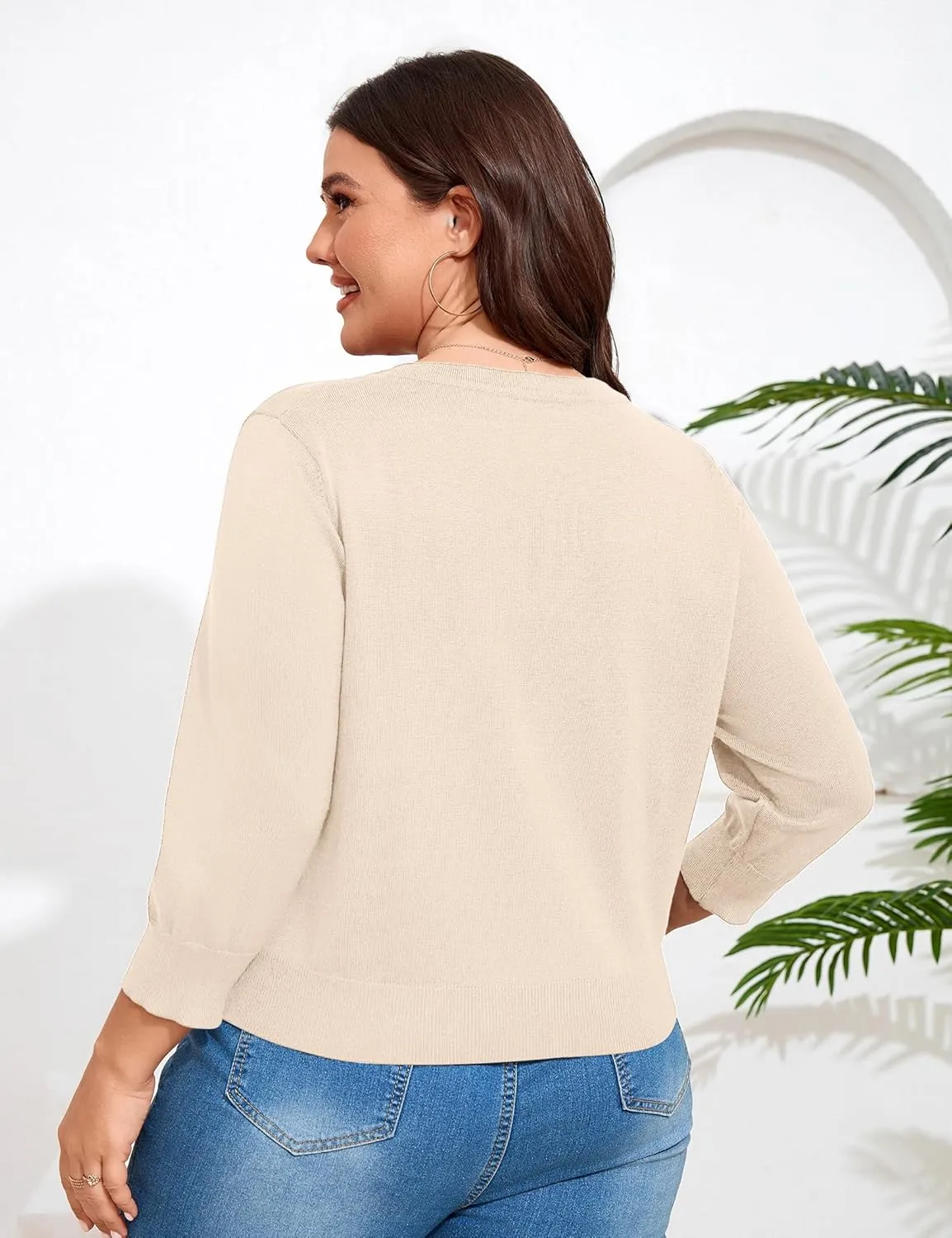 ShopWonder Women Plus Size Cardigan 3/4 Sleeve Crew Neck Bolero Button Down Sweaters Open Front Knit Bolero Shrugs