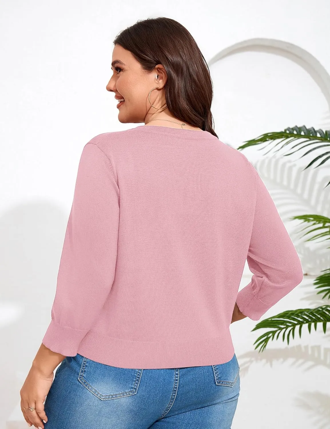 ShopWonder Women Plus Size Cardigan 3/4 Sleeve Crew Neck Bolero Button Down Sweaters Open Front Knit Bolero Shrugs