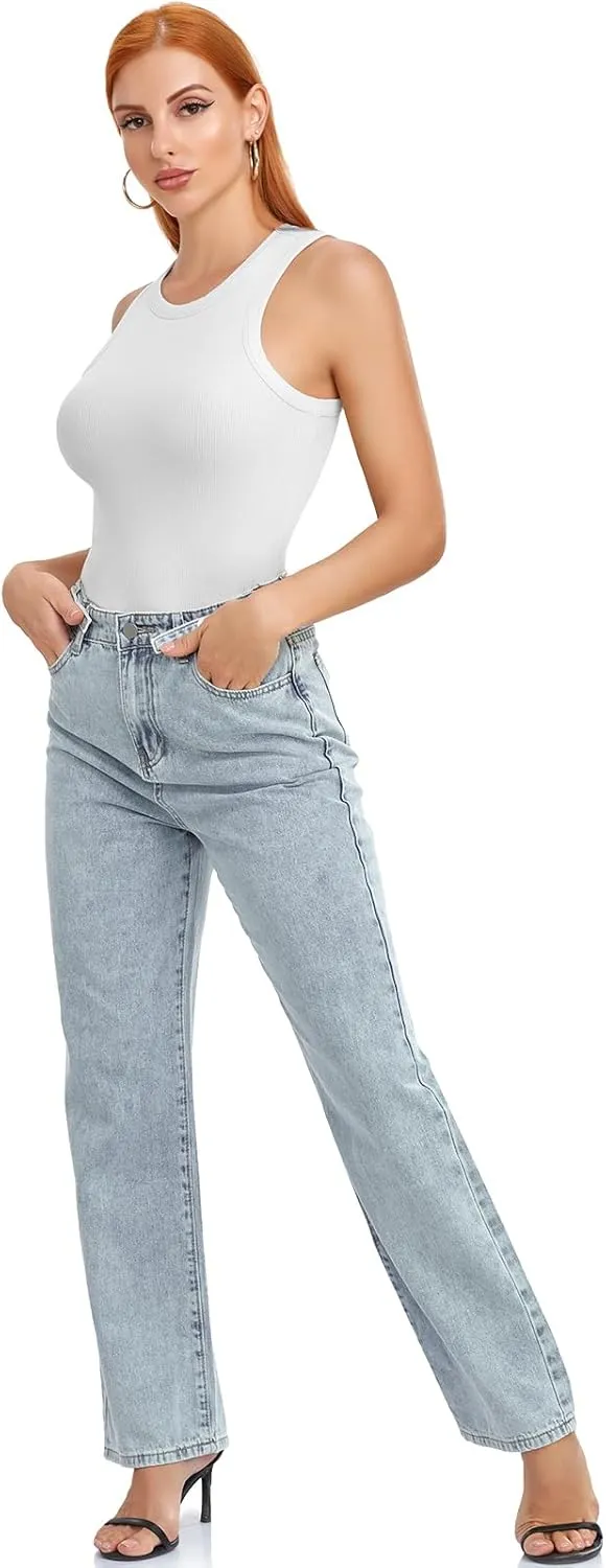 SIMIYA Tank Tops for Women Ribbed Sleeveless Racerback Summer Basic Cami Top Shirt Round High Neck Slim Fitted Blouses