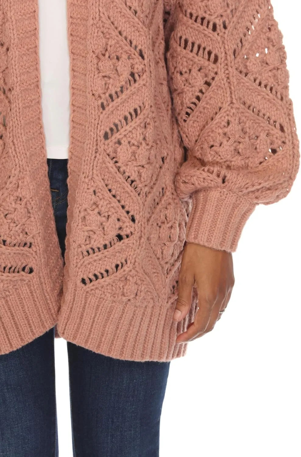 SIMPLY COUTURE Women's Open Front Chunky Hexagon Knit Bishop Sleeve Boyfriend Cardigan