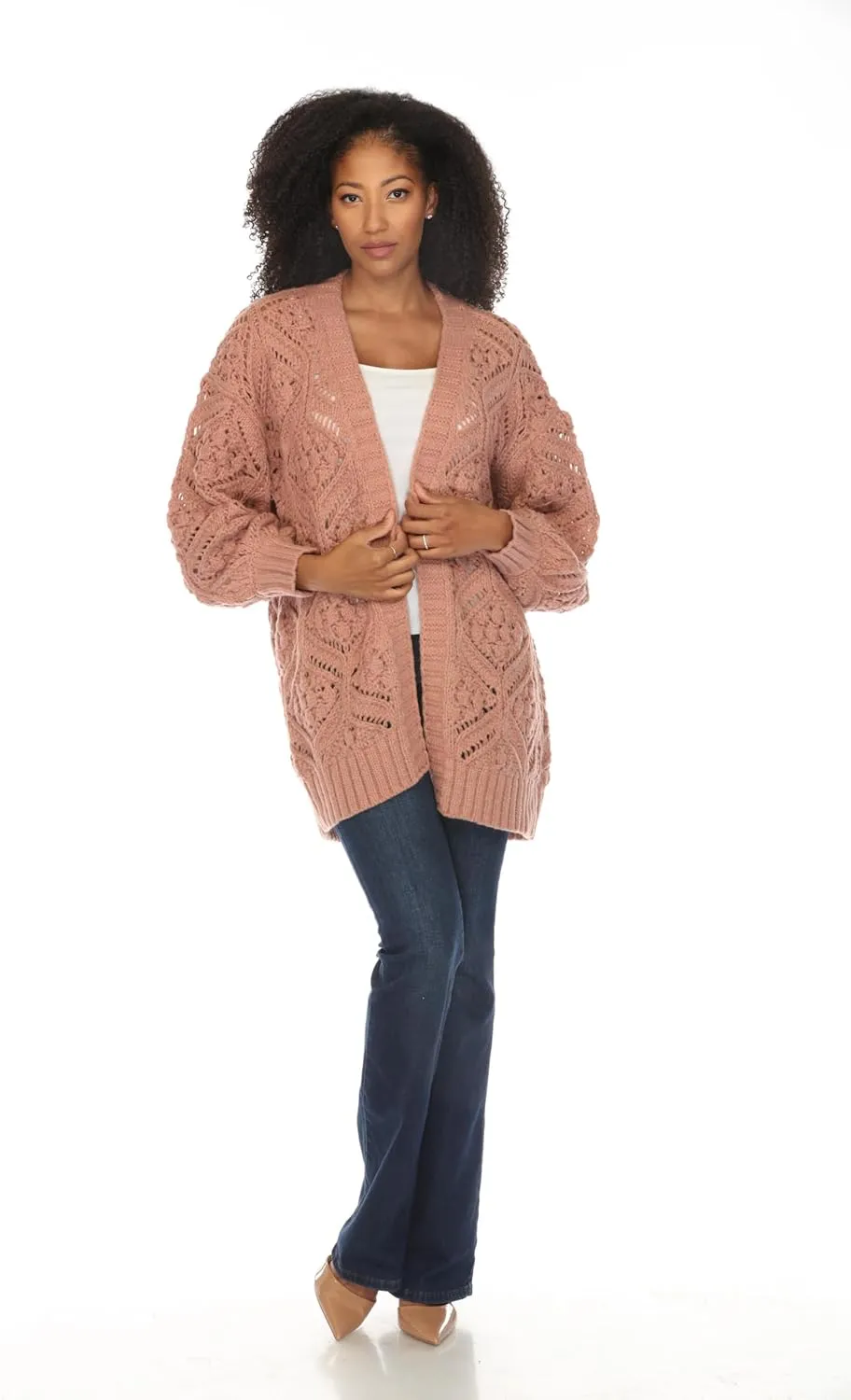 SIMPLY COUTURE Women's Open Front Chunky Hexagon Knit Bishop Sleeve Boyfriend Cardigan