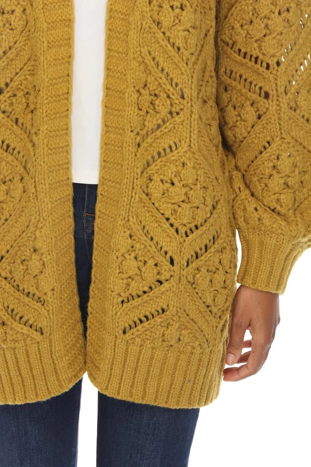 SIMPLY COUTURE Women's Open Front Chunky Hexagon Knit Bishop Sleeve Boyfriend Cardigan