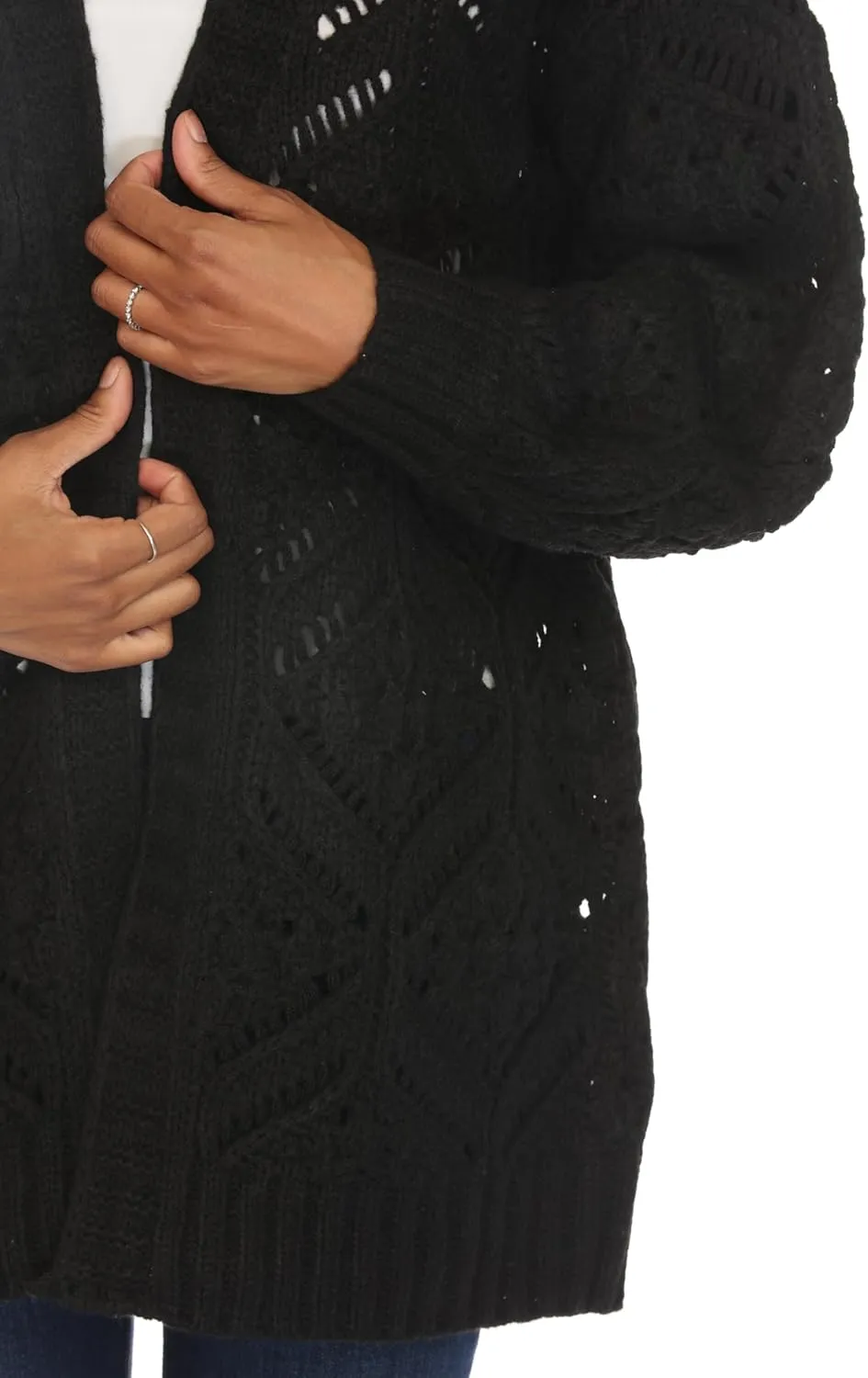 SIMPLY COUTURE Women's Open Front Chunky Hexagon Knit Bishop Sleeve Boyfriend Cardigan