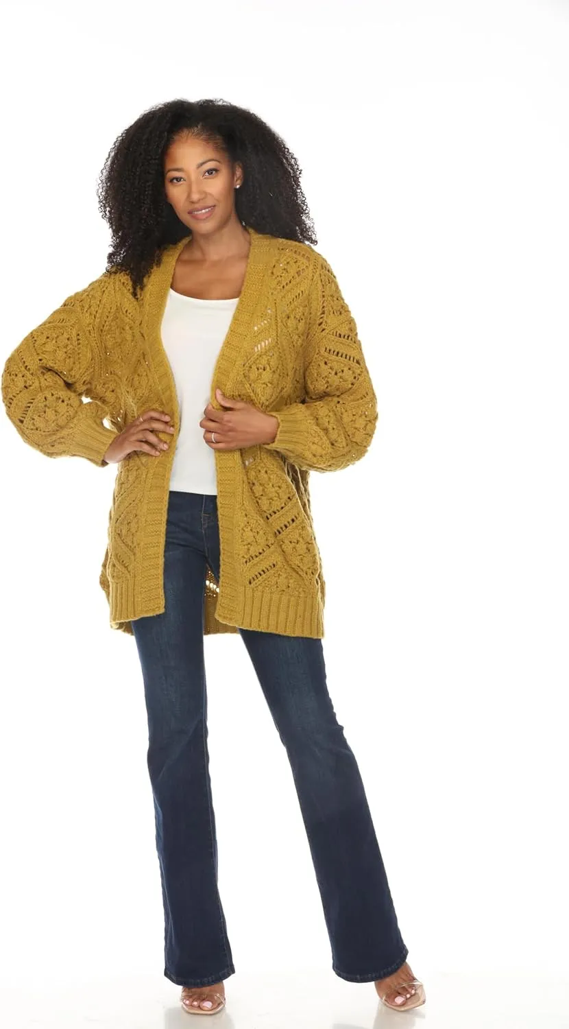 SIMPLY COUTURE Women's Open Front Chunky Hexagon Knit Bishop Sleeve Boyfriend Cardigan