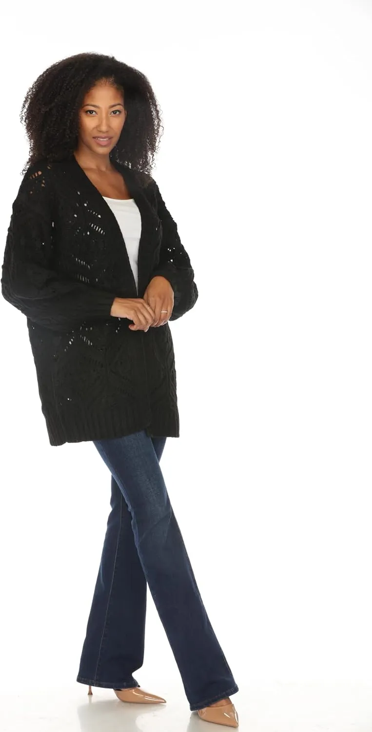 SIMPLY COUTURE Women's Open Front Chunky Hexagon Knit Bishop Sleeve Boyfriend Cardigan
