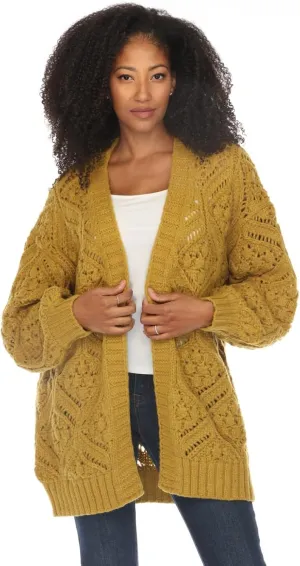 SIMPLY COUTURE Women's Open Front Chunky Hexagon Knit Bishop Sleeve Boyfriend Cardigan