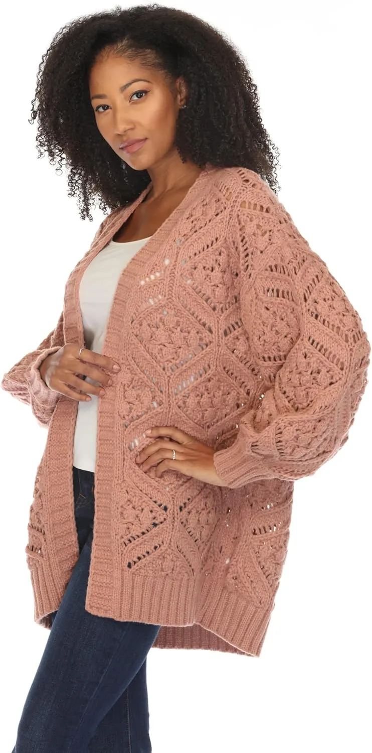 SIMPLY COUTURE Women's Open Front Chunky Hexagon Knit Bishop Sleeve Boyfriend Cardigan