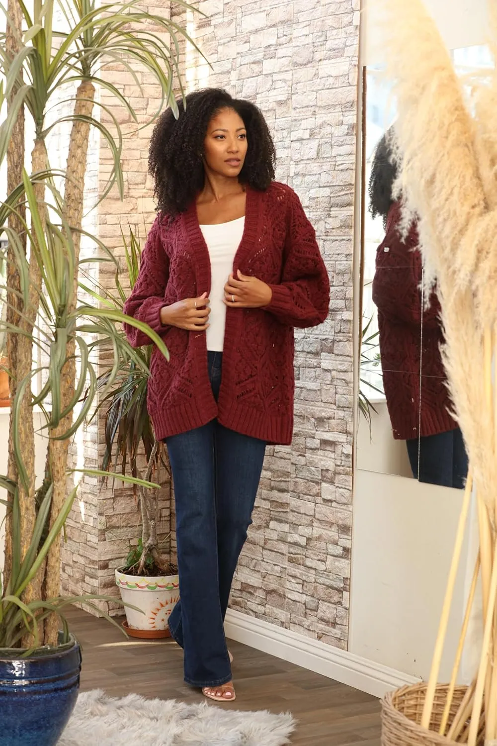 SIMPLY COUTURE Women's Open Front Chunky Hexagon Knit Bishop Sleeve Boyfriend Cardigan