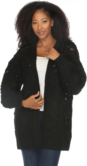 SIMPLY COUTURE Women's Open Front Chunky Hexagon Knit Bishop Sleeve Boyfriend Cardigan