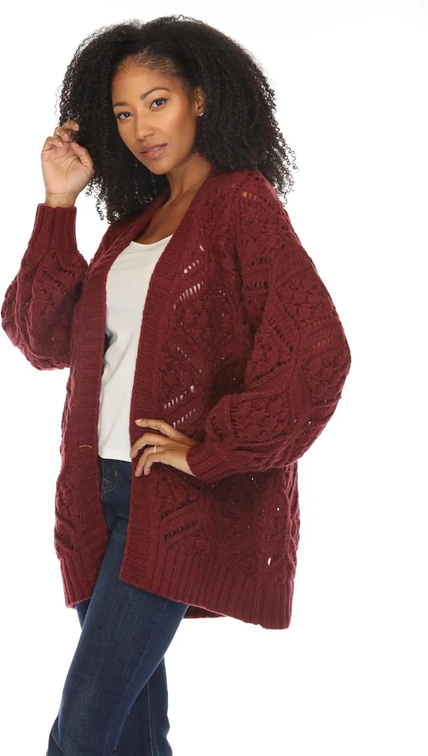 SIMPLY COUTURE Women's Open Front Chunky Hexagon Knit Bishop Sleeve Boyfriend Cardigan