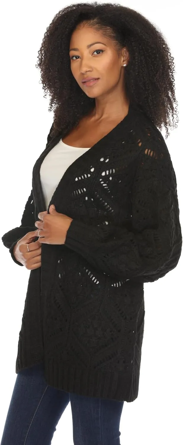 SIMPLY COUTURE Women's Open Front Chunky Hexagon Knit Bishop Sleeve Boyfriend Cardigan