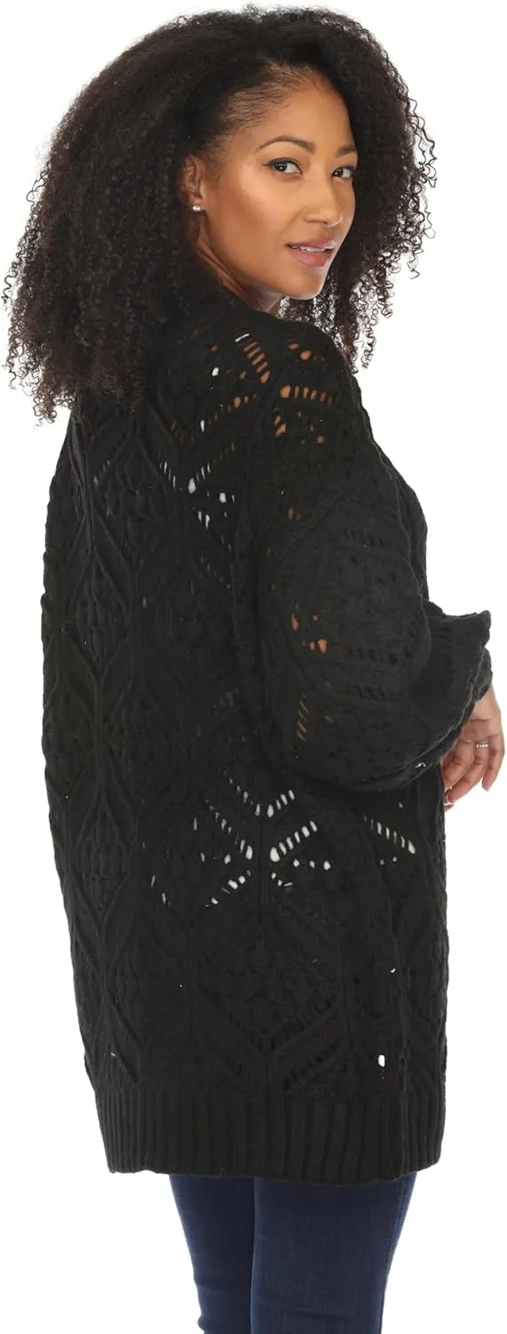 SIMPLY COUTURE Women's Open Front Chunky Hexagon Knit Bishop Sleeve Boyfriend Cardigan