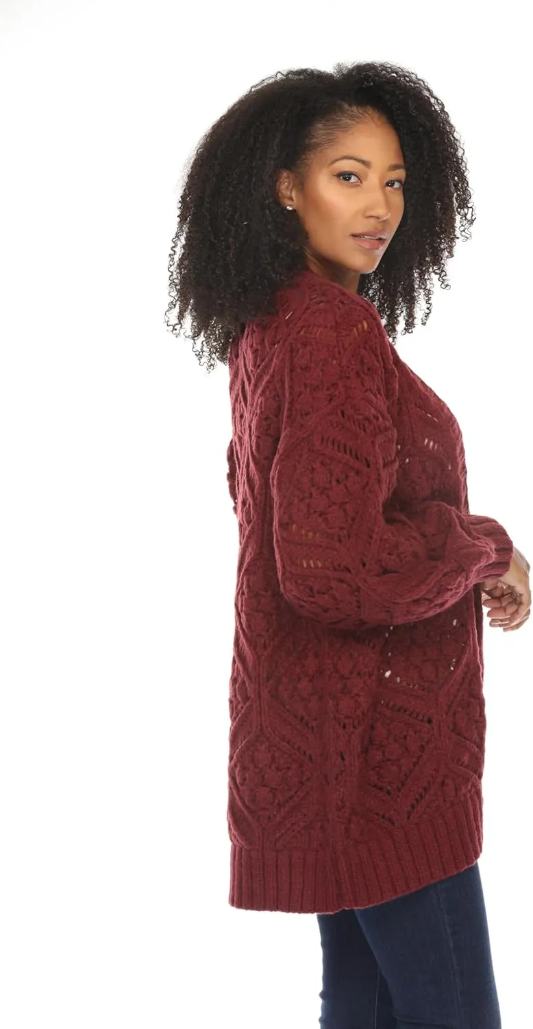 SIMPLY COUTURE Women's Open Front Chunky Hexagon Knit Bishop Sleeve Boyfriend Cardigan