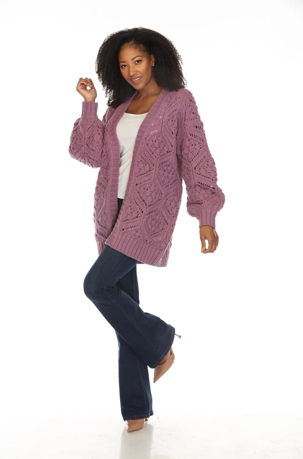 SIMPLY COUTURE Women's Open Front Chunky Hexagon Knit Bishop Sleeve Boyfriend Cardigan