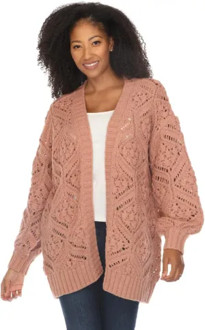 SIMPLY COUTURE Women's Open Front Chunky Hexagon Knit Bishop Sleeve Boyfriend Cardigan