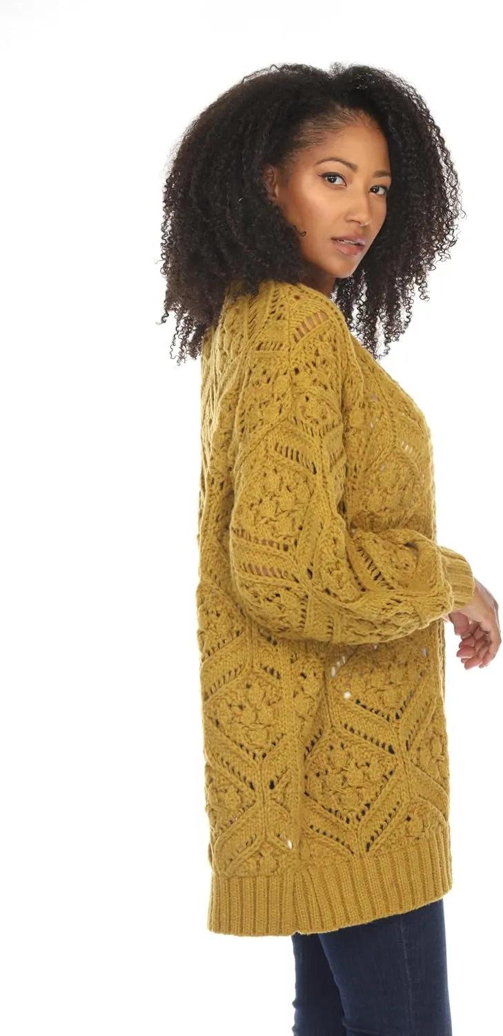 SIMPLY COUTURE Women's Open Front Chunky Hexagon Knit Bishop Sleeve Boyfriend Cardigan
