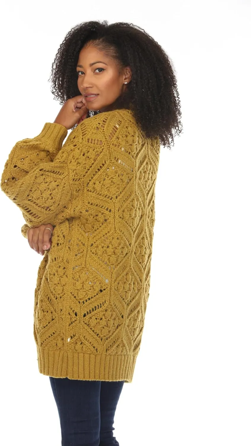SIMPLY COUTURE Women's Open Front Chunky Hexagon Knit Bishop Sleeve Boyfriend Cardigan