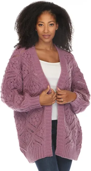 SIMPLY COUTURE Women's Open Front Chunky Hexagon Knit Bishop Sleeve Boyfriend Cardigan