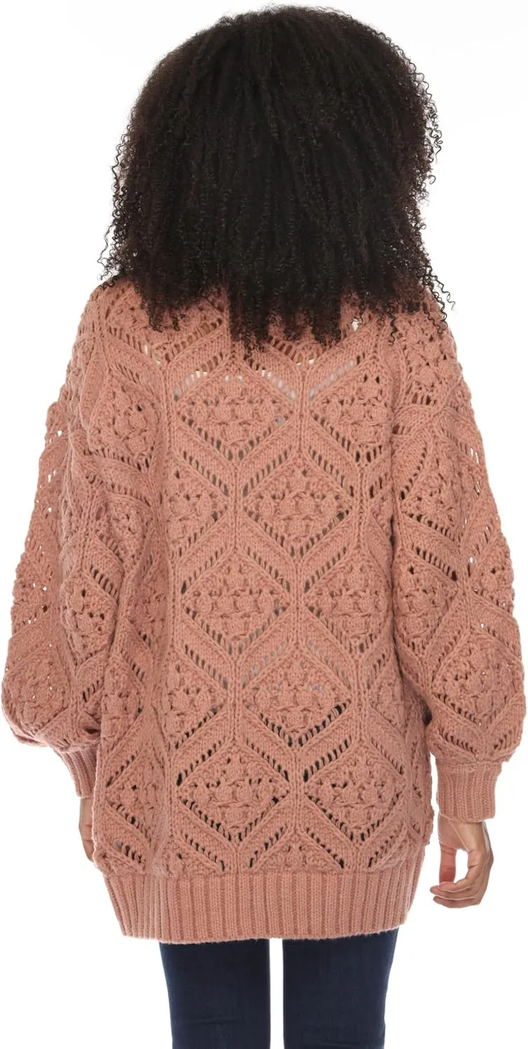 SIMPLY COUTURE Women's Open Front Chunky Hexagon Knit Bishop Sleeve Boyfriend Cardigan