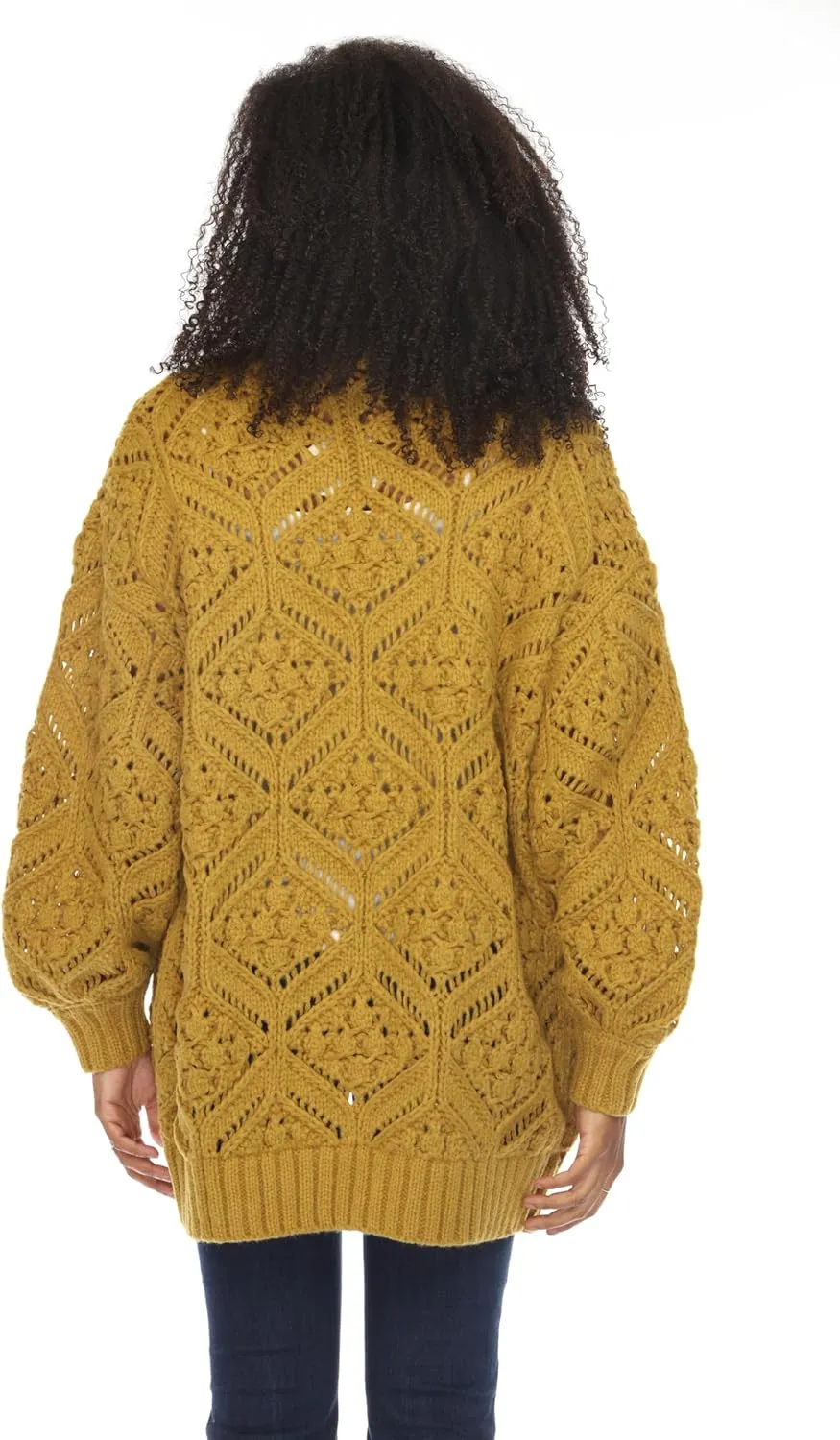 SIMPLY COUTURE Women's Open Front Chunky Hexagon Knit Bishop Sleeve Boyfriend Cardigan