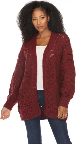 SIMPLY COUTURE Women's Open Front Chunky Hexagon Knit Bishop Sleeve Boyfriend Cardigan