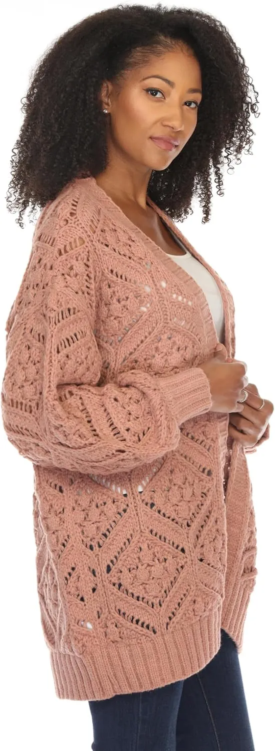 SIMPLY COUTURE Women's Open Front Chunky Hexagon Knit Bishop Sleeve Boyfriend Cardigan